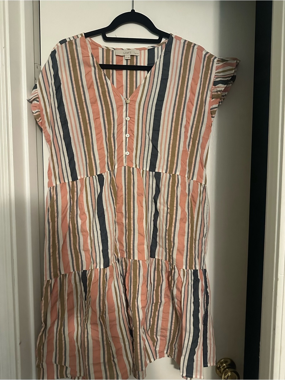 LOFT Striped Tiered Dress in Pink, Navy & Tan